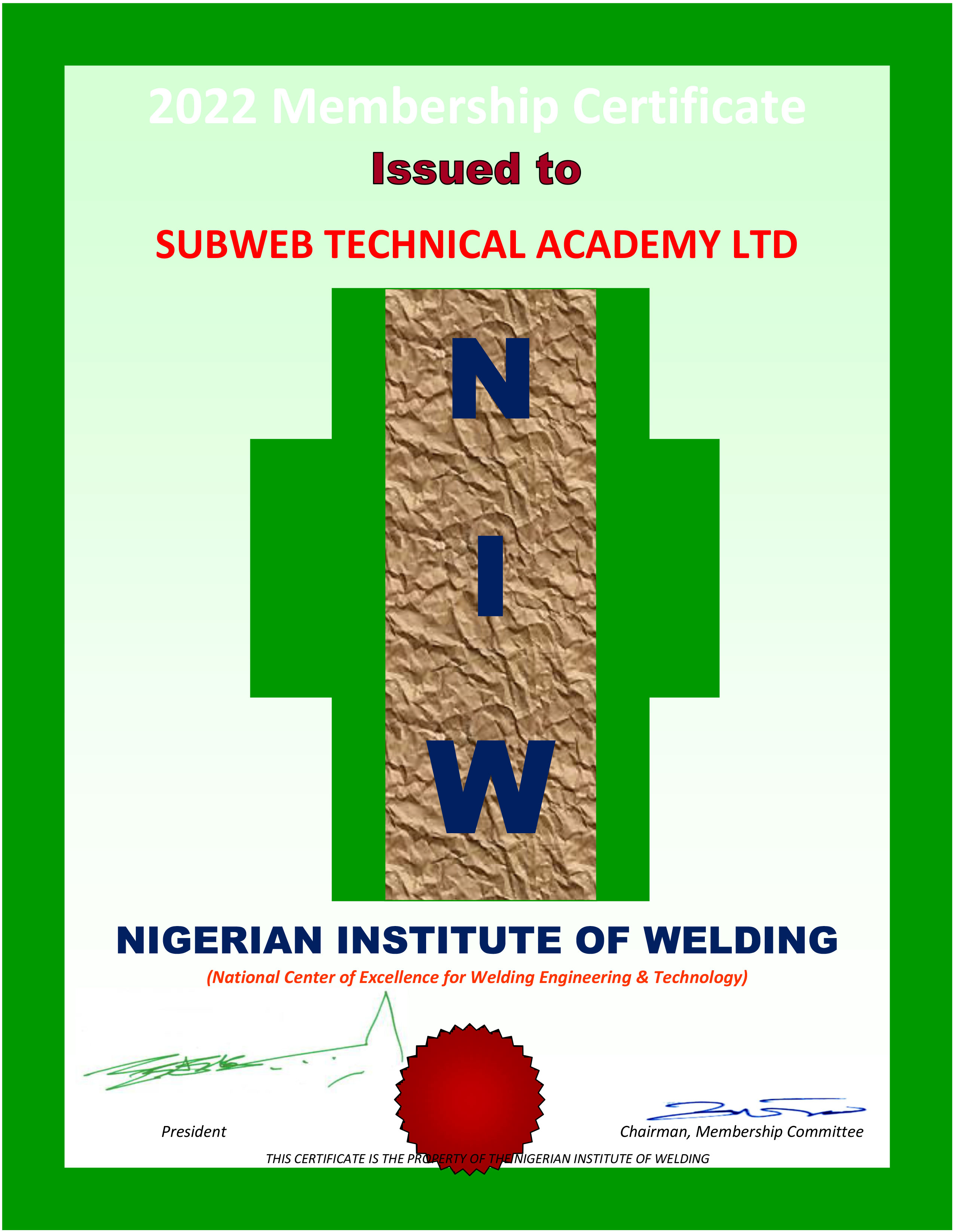 Subweb Technical Academy NIW Certificate