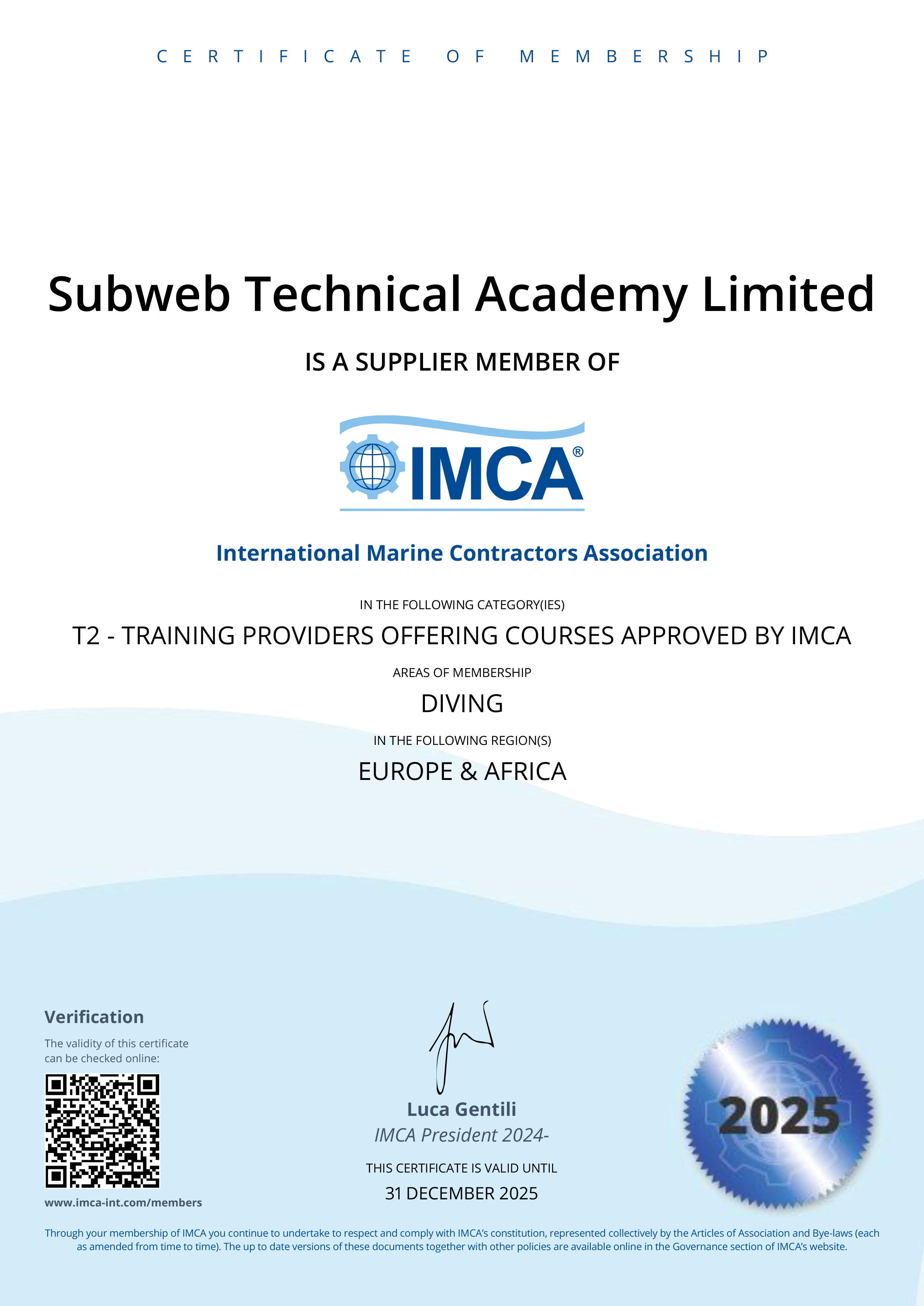 Subweb Technical Academy IMCA Certificate