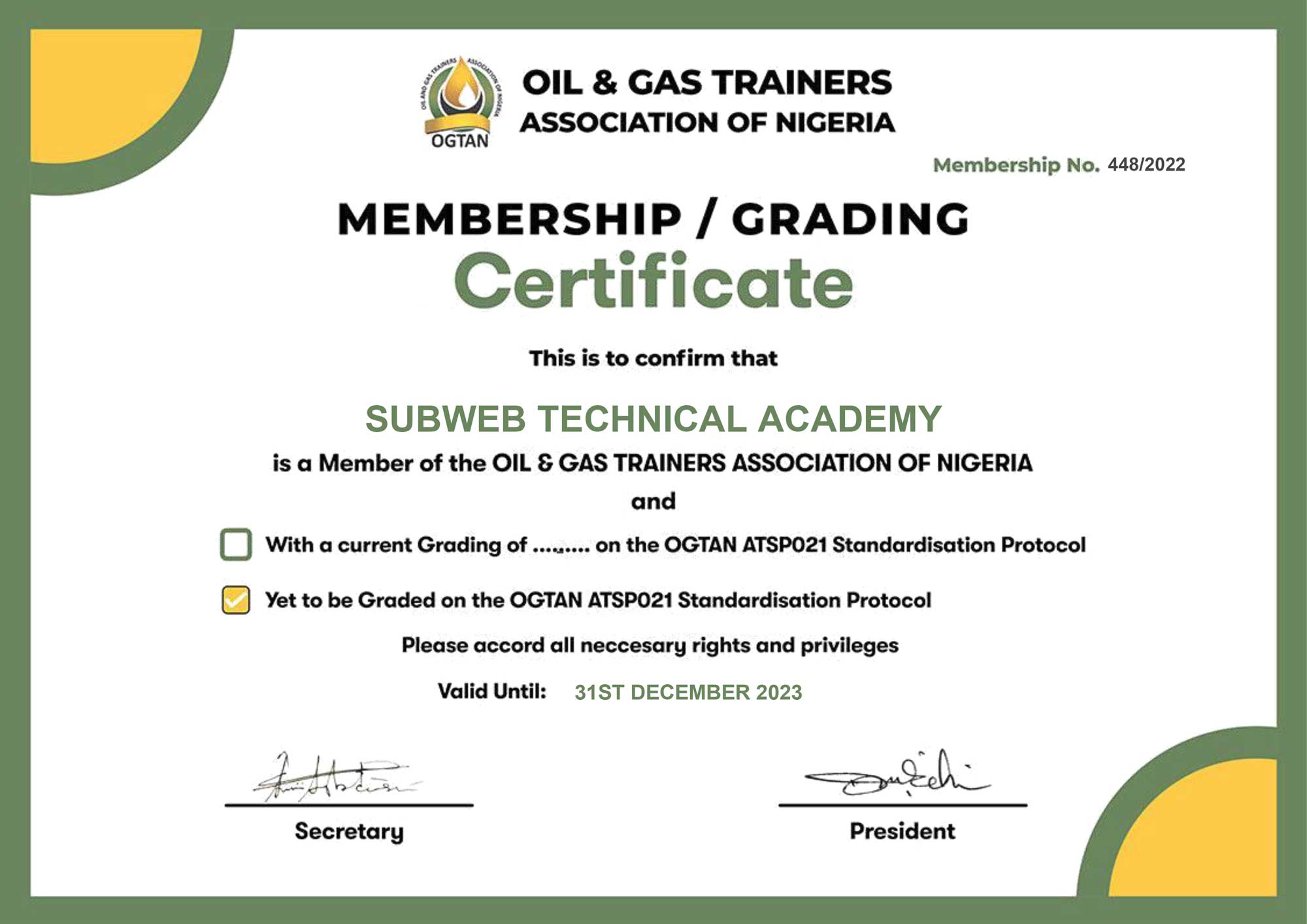 Subweb Technical Academy OGTAN Certificate