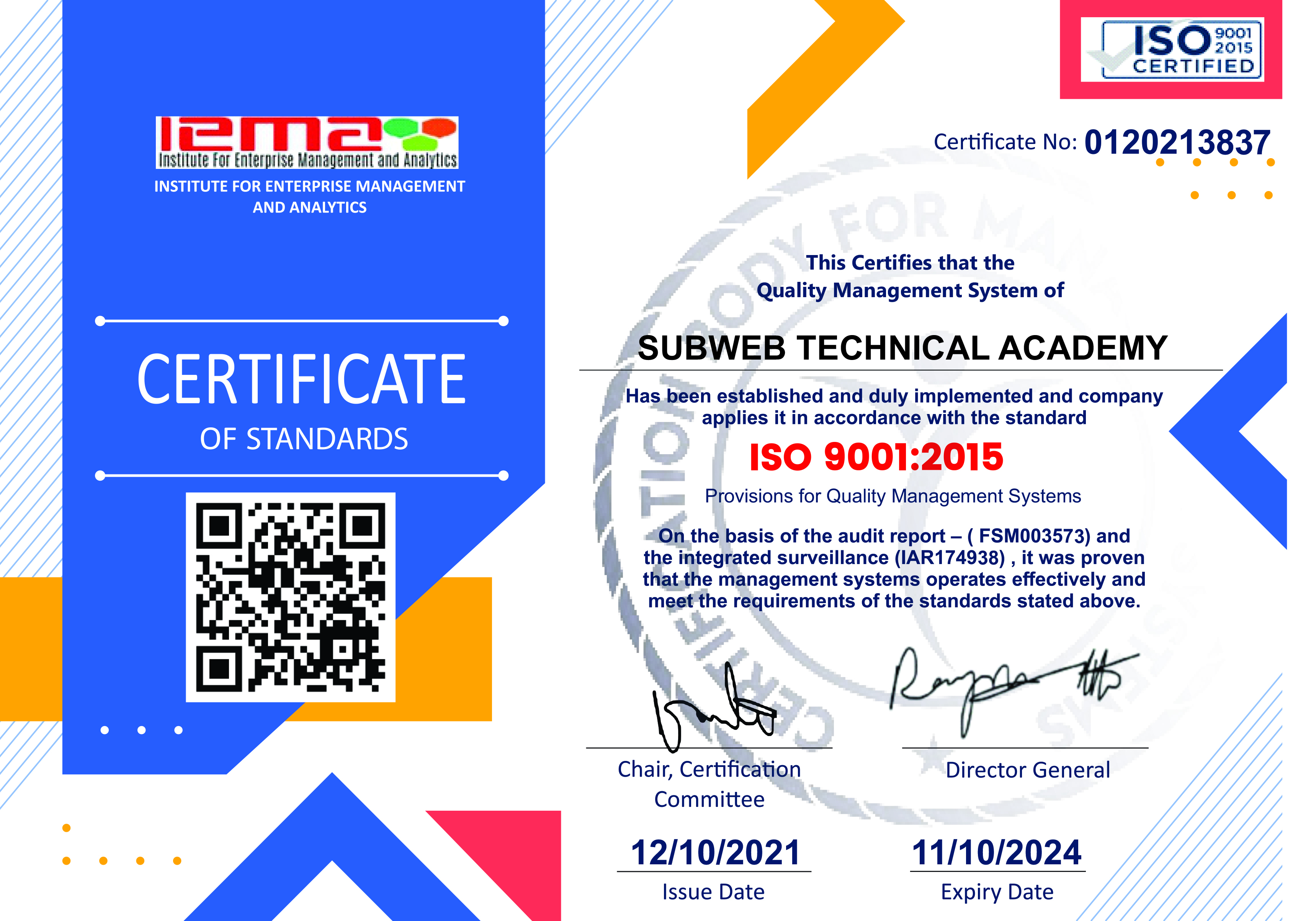 Subweb Technical Academy Iso Certificate